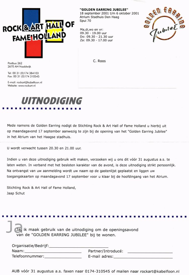 Golden Earring Jubilee opening invitation September 19 2001 (collection Casper Roos)